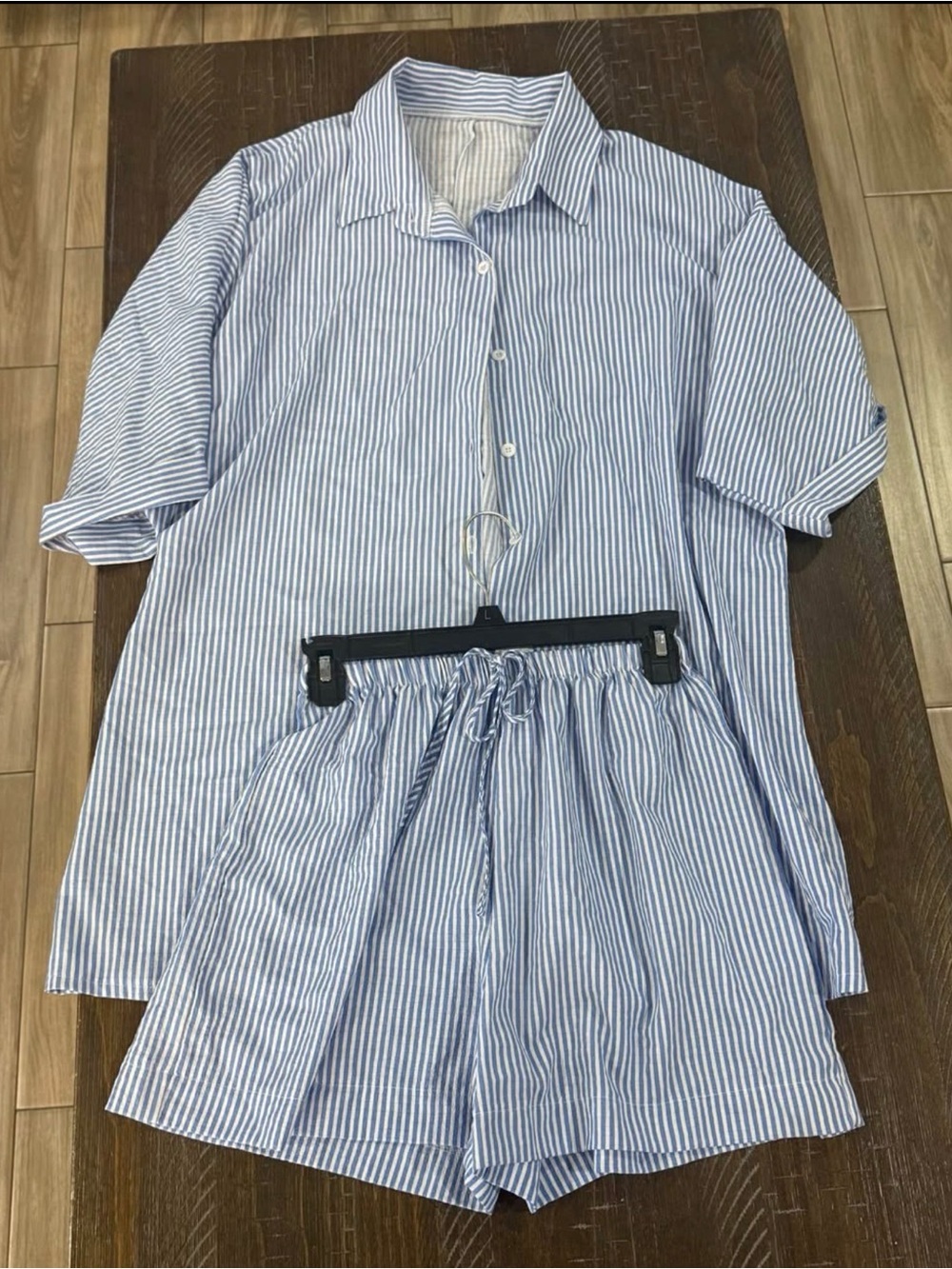 SHEIN Light Blue & White Striped Button-Down Shirt and Shorts Set